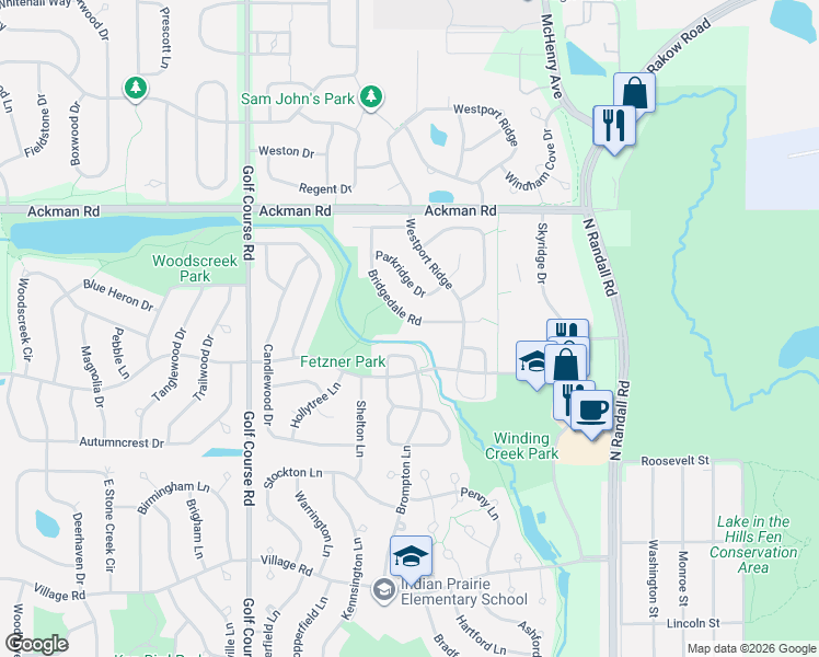map of restaurants, bars, coffee shops, grocery stores, and more near 1436 Bridgedale Road in Crystal Lake