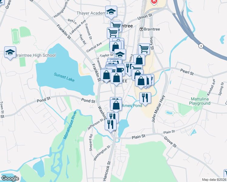 map of restaurants, bars, coffee shops, grocery stores, and more near 34 Hall Avenue in Braintree