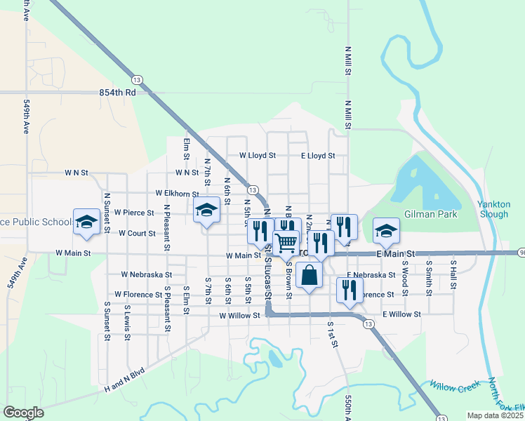 map of restaurants, bars, coffee shops, grocery stores, and more near 300-350 North Lucas Street in Pierce