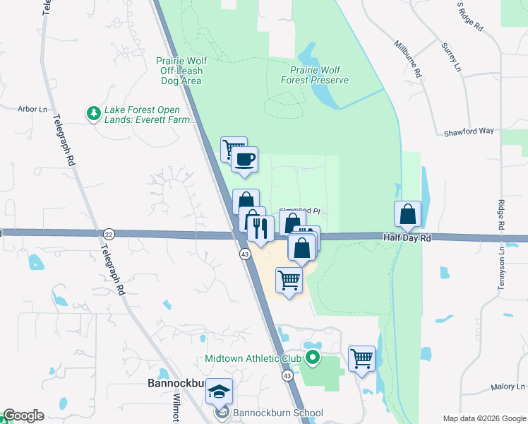 map of restaurants, bars, coffee shops, grocery stores, and more near 23314 Birchwood Lane in Deerfield