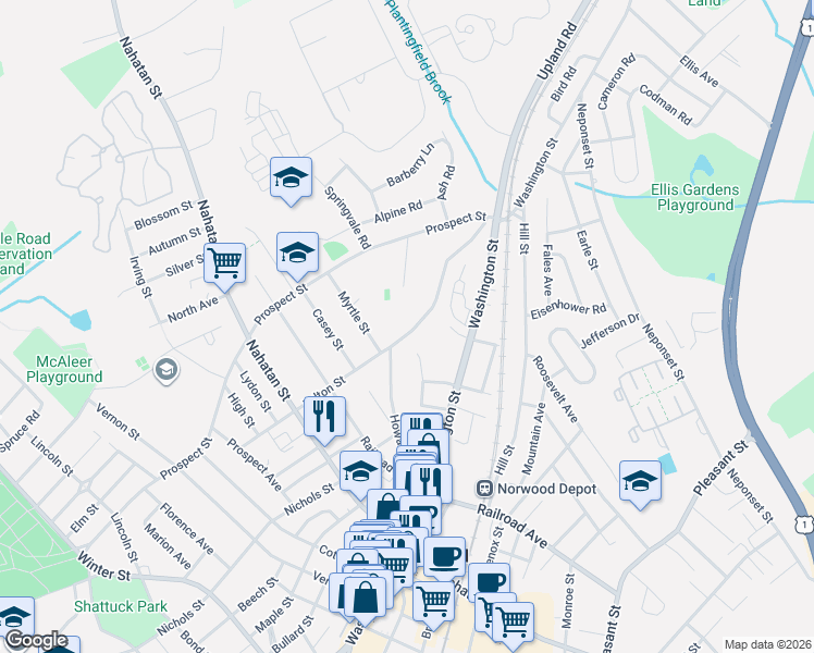 map of restaurants, bars, coffee shops, grocery stores, and more near 101 Fulton Street in Norwood