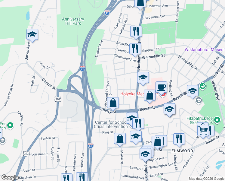 map of restaurants, bars, coffee shops, grocery stores, and more near 24 Cherry Hill in Holyoke