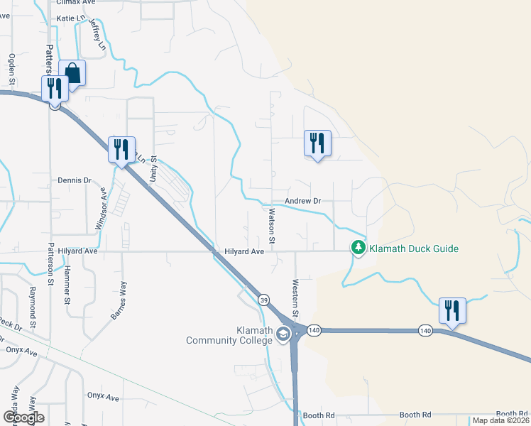 map of restaurants, bars, coffee shops, grocery stores, and more near 2807 Watson Street in Klamath Falls