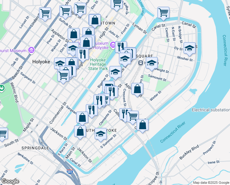 map of restaurants, bars, coffee shops, grocery stores, and more near 271 Main Street in Holyoke