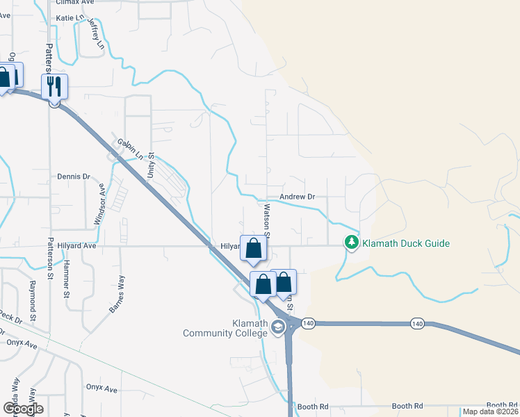 map of restaurants, bars, coffee shops, grocery stores, and more near 2807 Watson Street in Klamath Falls
