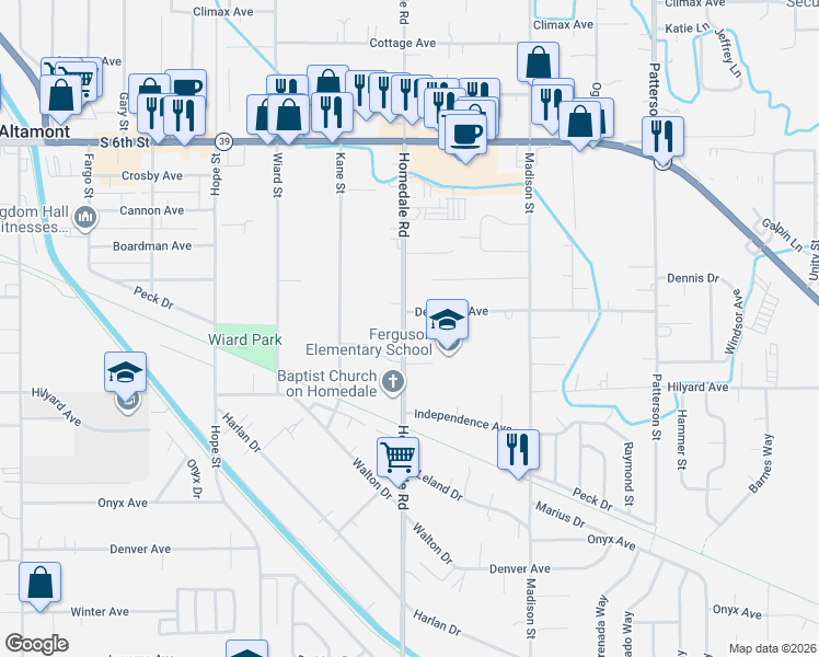 map of restaurants, bars, coffee shops, grocery stores, and more near 2823 Homedale Road in Klamath Falls