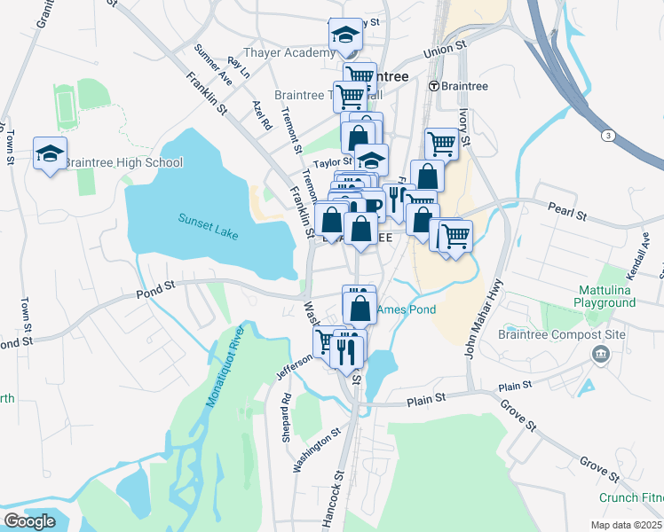 map of restaurants, bars, coffee shops, grocery stores, and more near 1036 Washington Street in Braintree