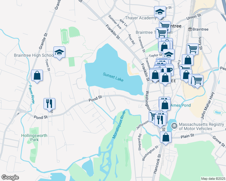 map of restaurants, bars, coffee shops, grocery stores, and more near 117 Pond Street in Braintree