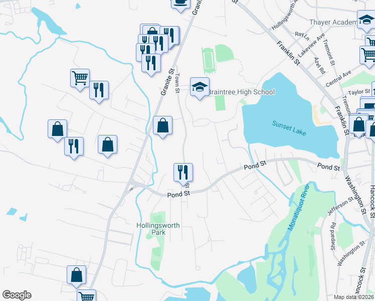 map of restaurants, bars, coffee shops, grocery stores, and more near 60 Tower Hill Road in Braintree