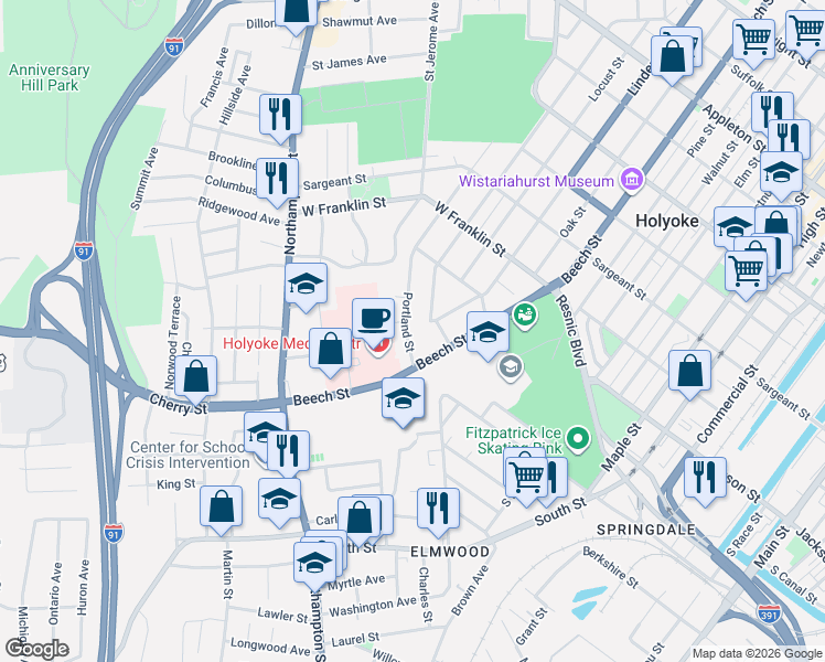 map of restaurants, bars, coffee shops, grocery stores, and more near 18 Carter Street in Holyoke