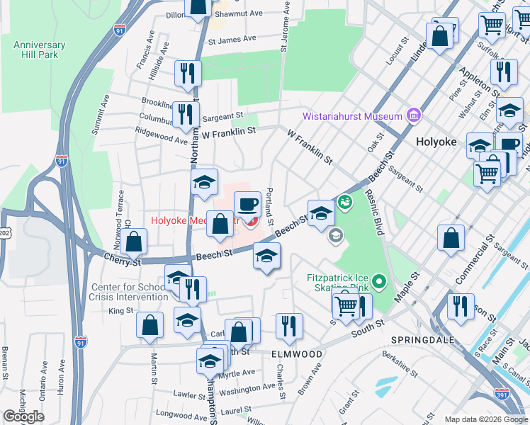 map of restaurants, bars, coffee shops, grocery stores, and more near 25 Portland Street in Holyoke