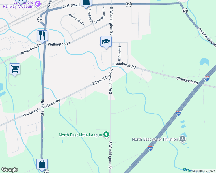 map of restaurants, bars, coffee shops, grocery stores, and more near 4570 South Wash Street in North East