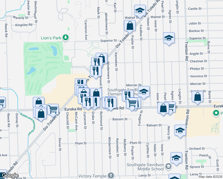 map of restaurants, bars, coffee shops, grocery stores, and more near 14736 Kennebec Street in Southgate