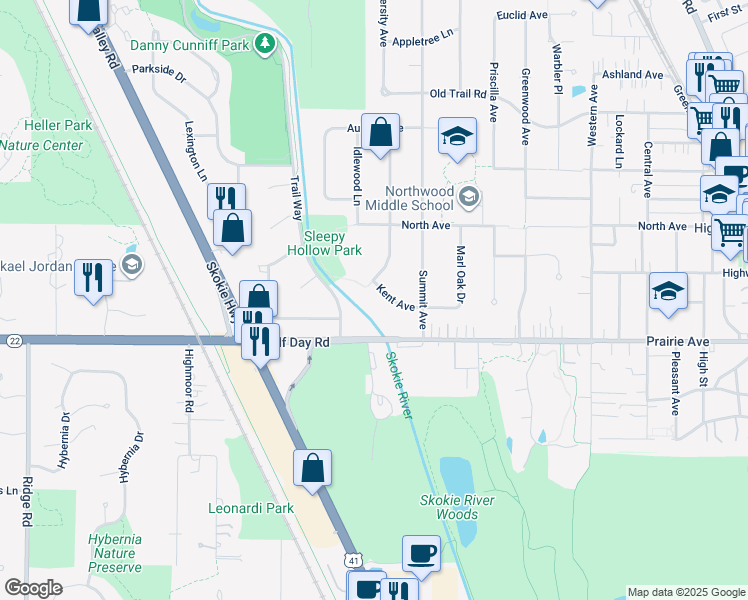 map of restaurants, bars, coffee shops, grocery stores, and more near 1120 Kent Avenue in Highland Park