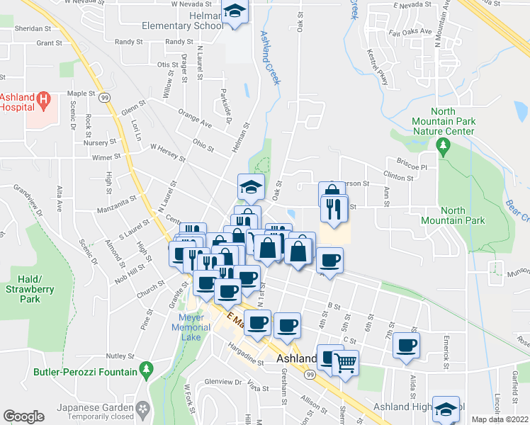 map of restaurants, bars, coffee shops, grocery stores, and more near Oak St & Clear Creek Dr in Ashland