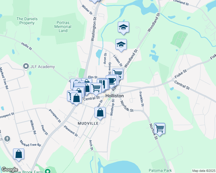 map of restaurants, bars, coffee shops, grocery stores, and more near 77 Church Street in Holliston