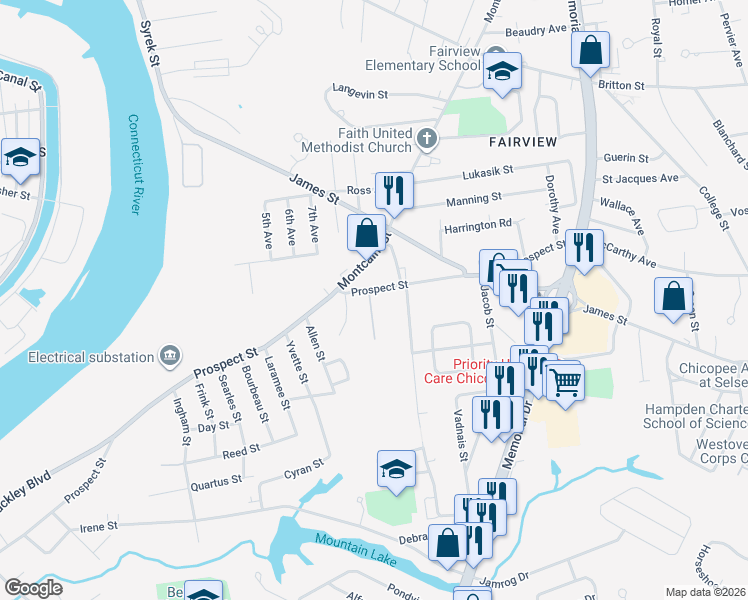map of restaurants, bars, coffee shops, grocery stores, and more near 7 Willow Street in Chicopee