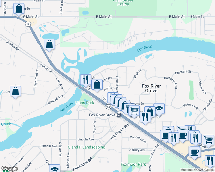 map of restaurants, bars, coffee shops, grocery stores, and more near 112 Crescent Road in Fox River Grove
