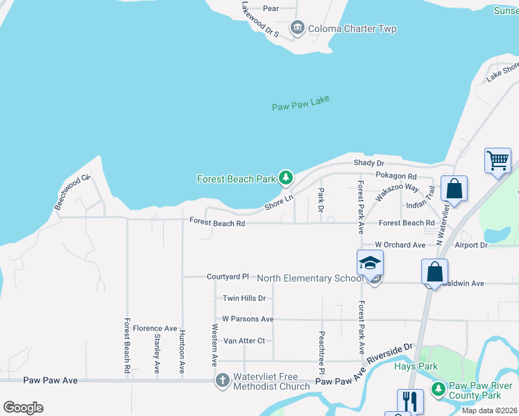 map of restaurants, bars, coffee shops, grocery stores, and more near 7855 Forest Beach Road in Watervliet