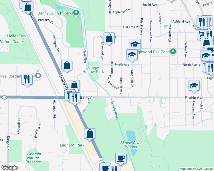 map of restaurants, bars, coffee shops, grocery stores, and more near 1120 Kent Avenue in Highland Park