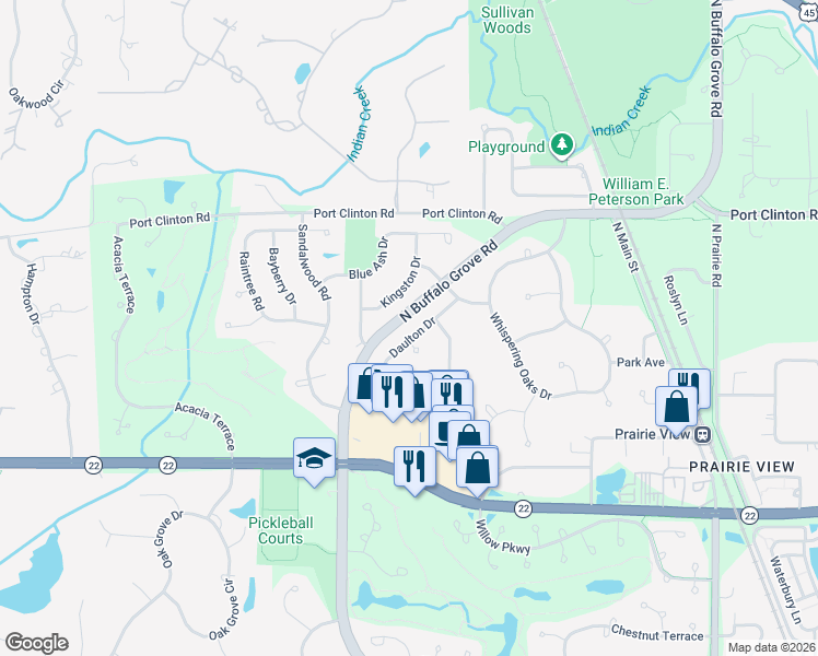 map of restaurants, bars, coffee shops, grocery stores, and more near 2860 Daulton Dr in Buffalo Grove