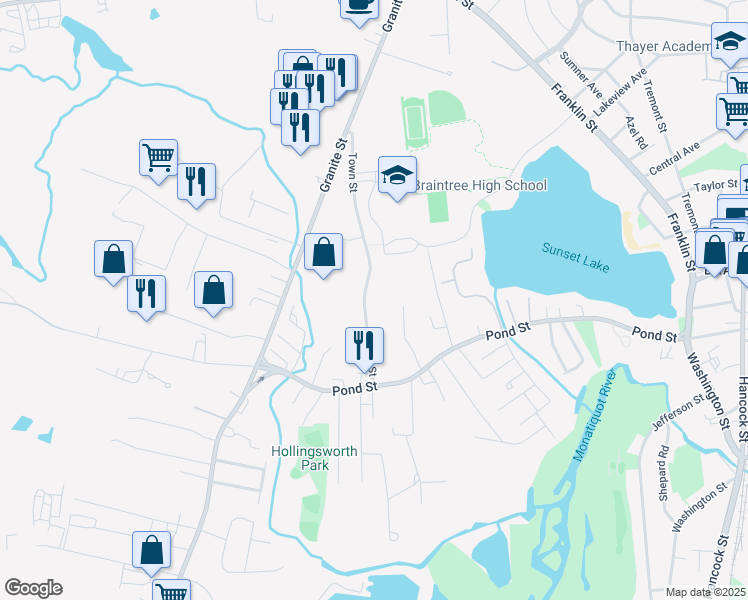 map of restaurants, bars, coffee shops, grocery stores, and more near 60 Tower Hill Road in Braintree