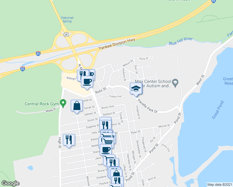 map of restaurants, bars, coffee shops, grocery stores, and more near 14 Lavally Road in Randolph