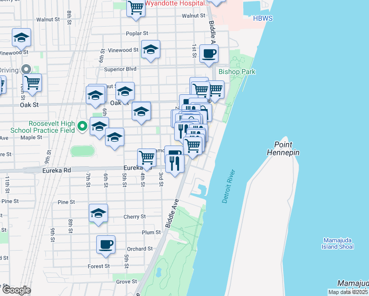 map of restaurants, bars, coffee shops, grocery stores, and more near 138 Sycamore Street in Wyandotte