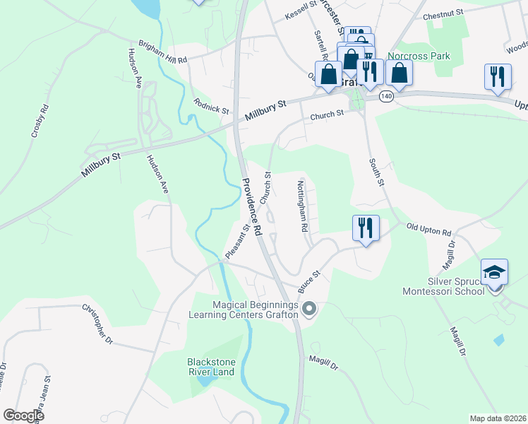 map of restaurants, bars, coffee shops, grocery stores, and more near 8 Coventry Road in Grafton