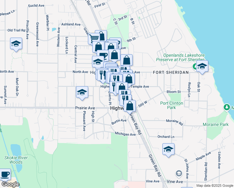 map of restaurants, bars, coffee shops, grocery stores, and more near 246 Green Bay Road in Highwood