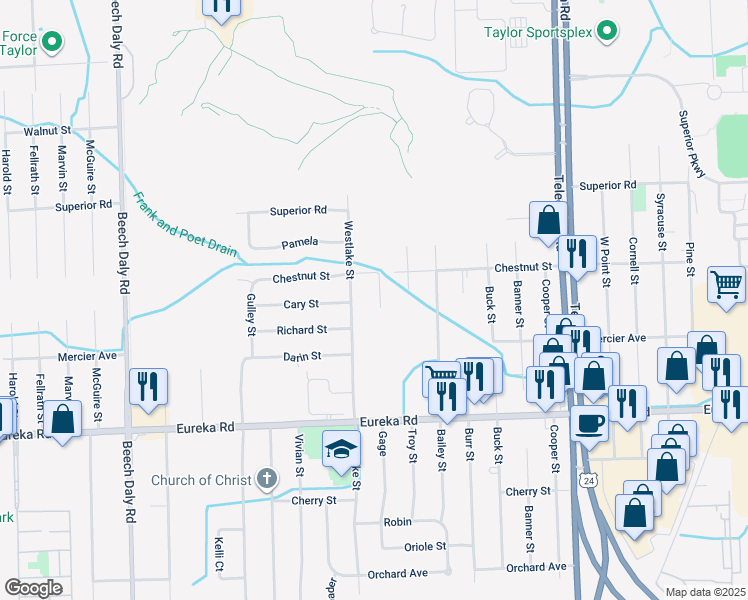 map of restaurants, bars, coffee shops, grocery stores, and more near 14370 Gage in Taylor
