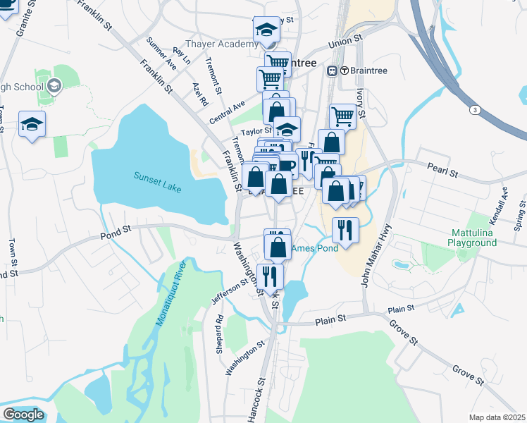 map of restaurants, bars, coffee shops, grocery stores, and more near 5 Thayer Place in Braintree