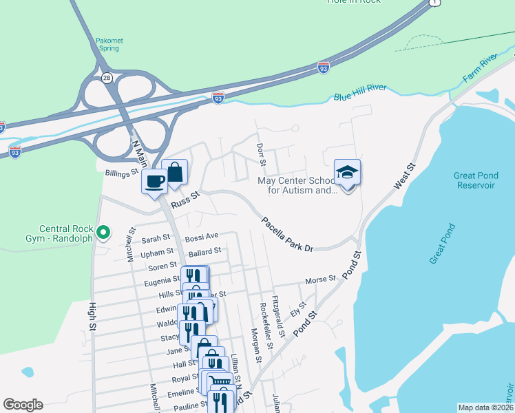 map of restaurants, bars, coffee shops, grocery stores, and more near 98 Pacella Park Drive in Randolph