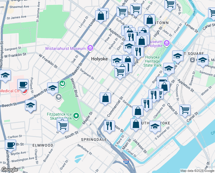 map of restaurants, bars, coffee shops, grocery stores, and more near 129 Sargeant Street in Holyoke