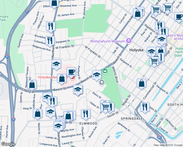 map of restaurants, bars, coffee shops, grocery stores, and more near 483 Beech Street in Holyoke