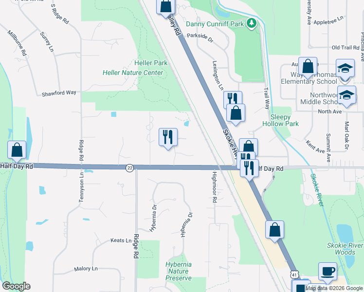 map of restaurants, bars, coffee shops, grocery stores, and more near 1555 Museum Drive in Highland Park