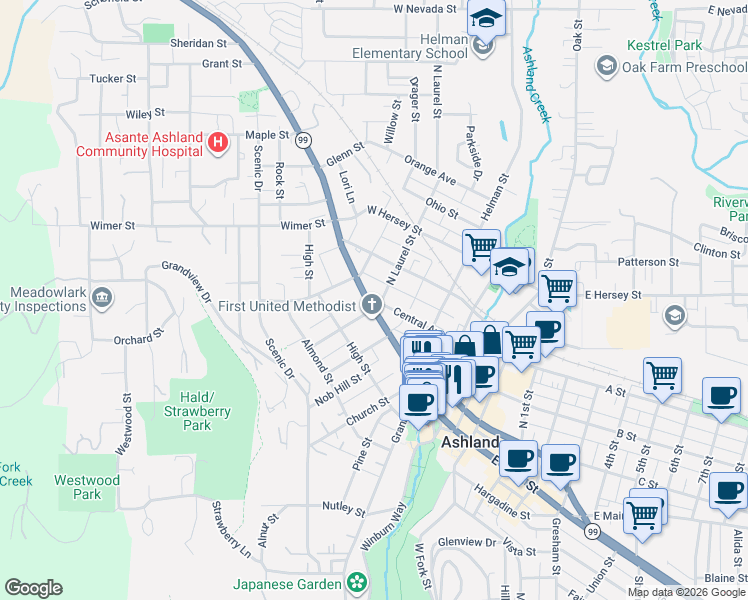map of restaurants, bars, coffee shops, grocery stores, and more near 174 North Main Street in Ashland