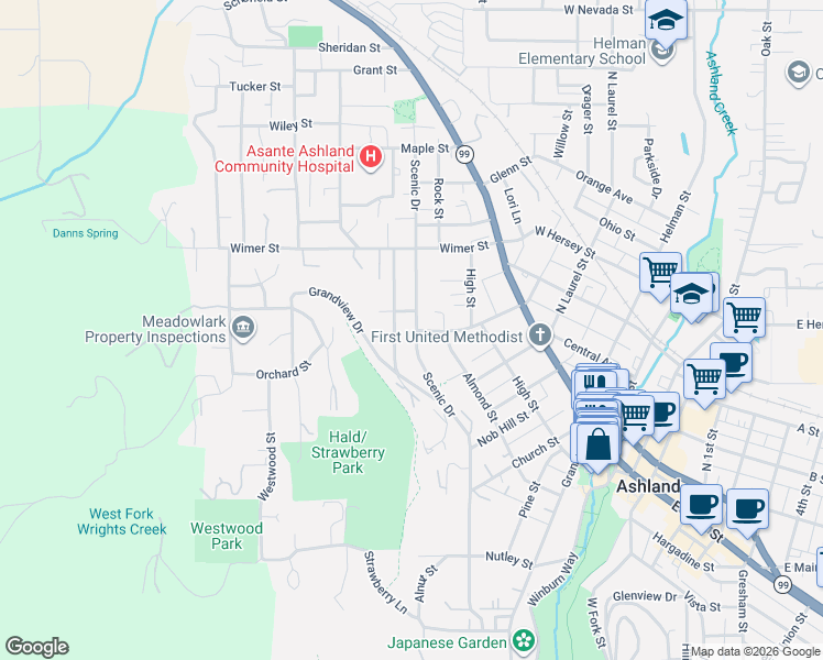 map of restaurants, bars, coffee shops, grocery stores, and more near 150 Manzanita Street in Ashland