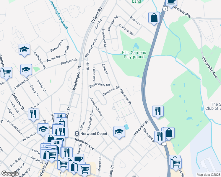 map of restaurants, bars, coffee shops, grocery stores, and more near 18 Jefferson Drive in Norwood