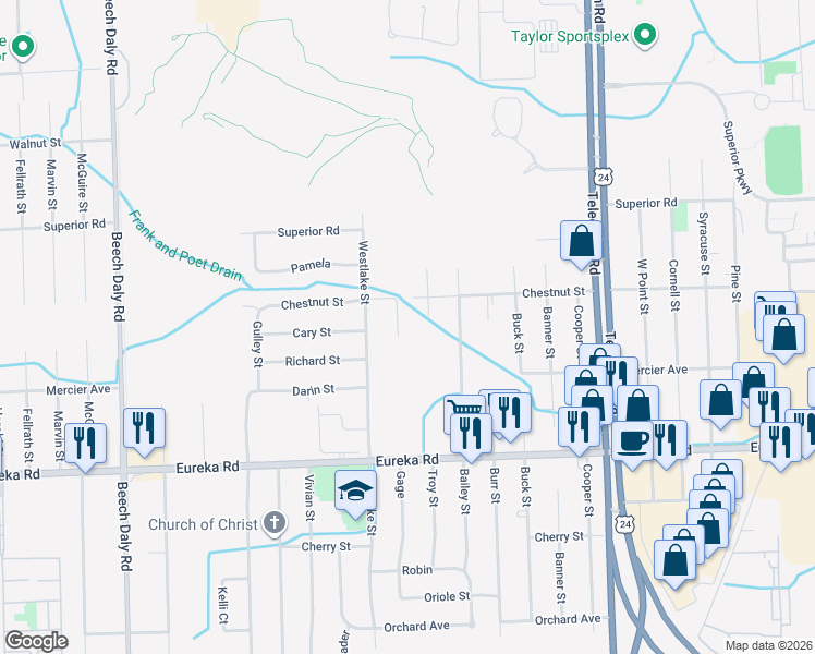 map of restaurants, bars, coffee shops, grocery stores, and more near 14391 Gage Street in Taylor