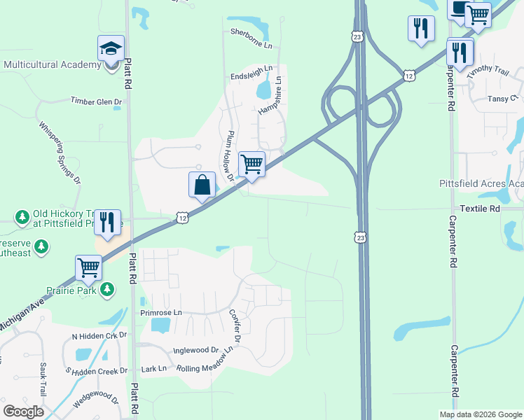 map of restaurants, bars, coffee shops, grocery stores, and more near 3350 Textile Road in Ypsilanti