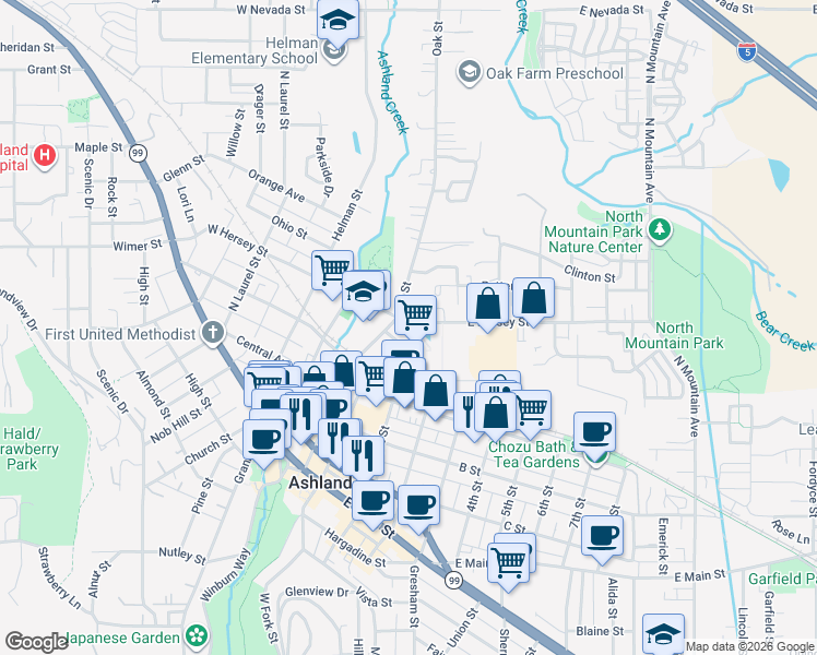 map of restaurants, bars, coffee shops, grocery stores, and more near 108 E Hersey St in Ashland