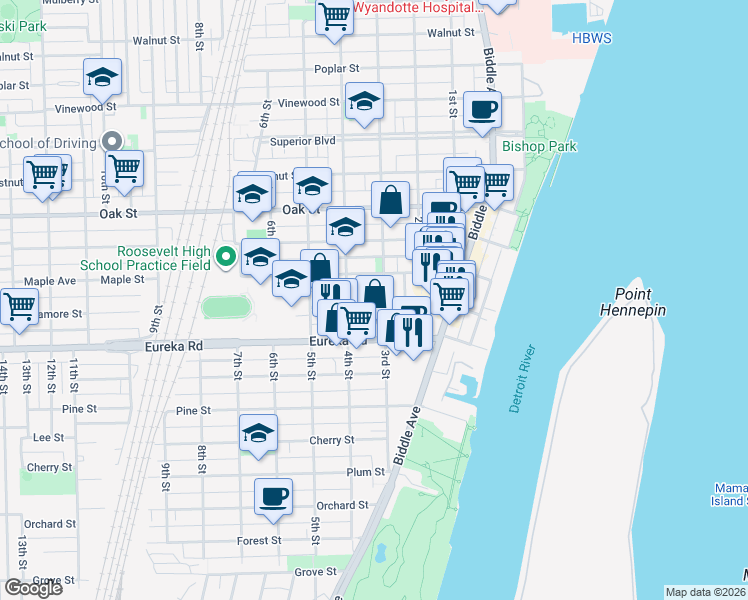 map of restaurants, bars, coffee shops, grocery stores, and more near 316 Sycamore Street in Wyandotte
