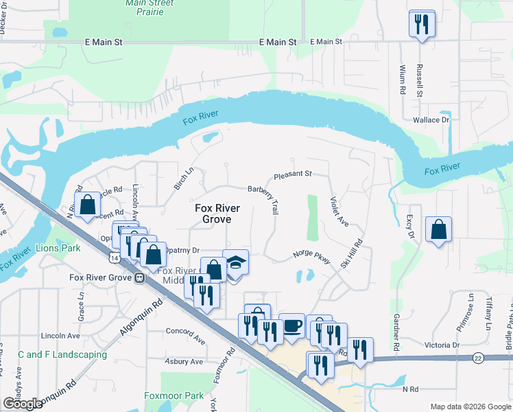 map of restaurants, bars, coffee shops, grocery stores, and more near 197 Wildwood Lane in Fox River Grove