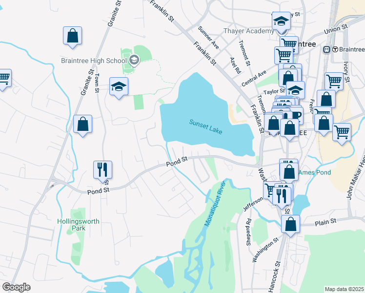 map of restaurants, bars, coffee shops, grocery stores, and more near 99 Sunset Road in Braintree