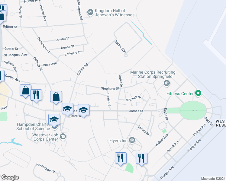 map of restaurants, bars, coffee shops, grocery stores, and more near 12 Stephens Street in Chicopee