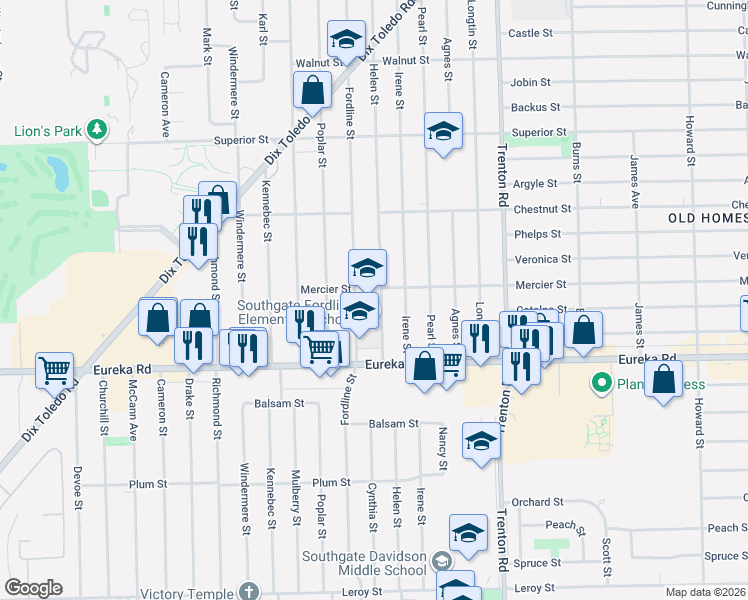 map of restaurants, bars, coffee shops, grocery stores, and more near 14620 Helen Street in Southgate