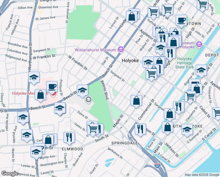 map of restaurants, bars, coffee shops, grocery stores, and more near 92 Franklin Street in Holyoke