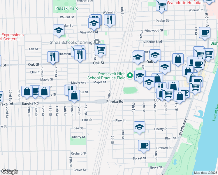 map of restaurants, bars, coffee shops, grocery stores, and more near 3152 9th Street in Wyandotte