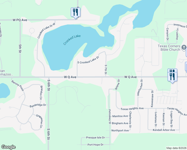 map of restaurants, bars, coffee shops, grocery stores, and more near 7895 West Q Avenue in Kalamazoo